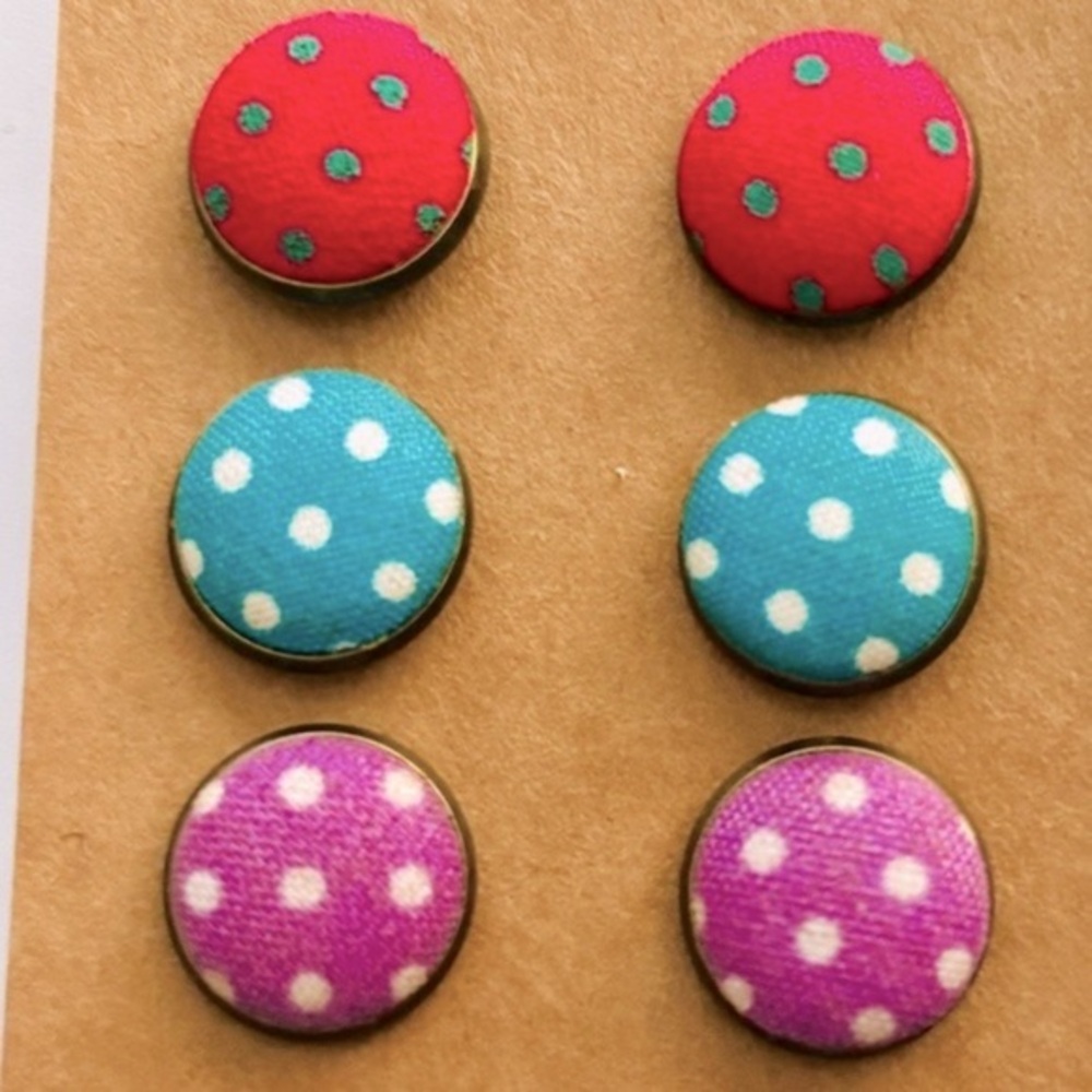 3 Pairs Polka Dot Fabric Button 12mm Stud Earrings, Handmade, NWT